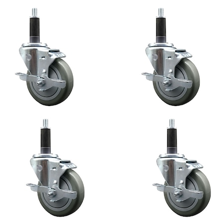Service Caster 4'' SS Gray Poly Swivel 1'' Expanding Stem Caster Set with Brake, 4PK SCC-SSEX20S414-PPUB-TLB-1-4
